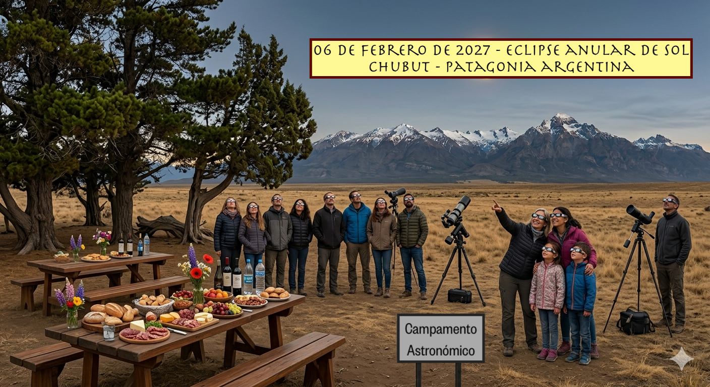 Campamento astronómico con grupo, telescopios y mesa de comida frente a la cordillera para el Eclipse 2027 en Chubut