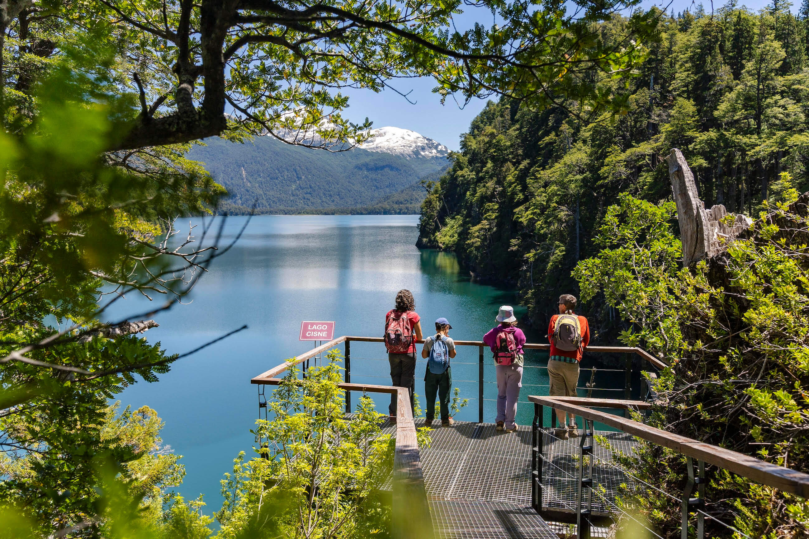 Mirador del Lago Cisne con pasarela y vista al lago azul en Los Alerces